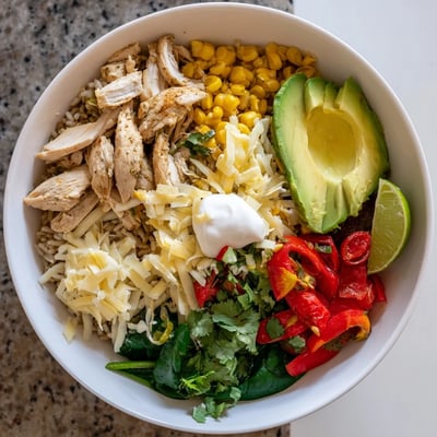 Flavorful Southwest spice green chile bowl featuring spiced chicken over brown rice with melted Monterey Jack and cilantro