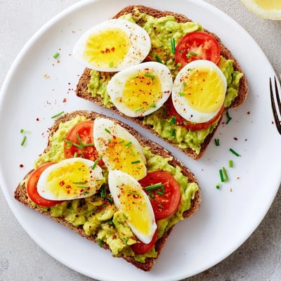 Plated avocado toast with tomato and hard boiled egg recipe featuring sliced eggs, fresh tomatoes and creamy spread