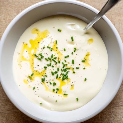 Jar of Creamy Tangy Sauce beside roasted vegetables, silky texture, herby flecks