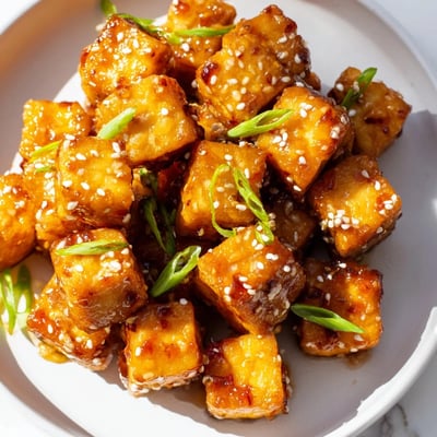 Close up of honey garlic tofu pieces garnished with green onions and sesame seeds