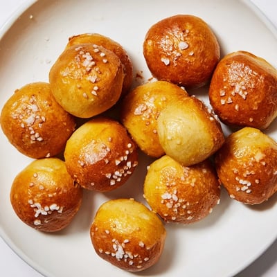 Warm German-American soft pretzel bites served with yellow mustard dipping sauce in white bowl