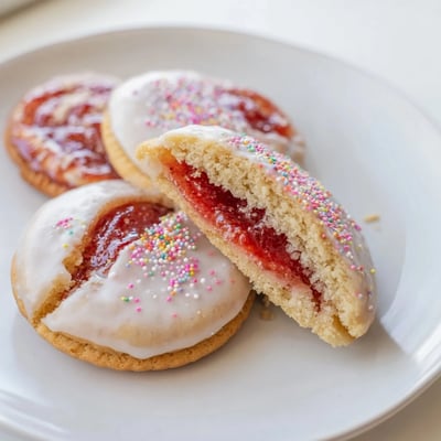 Tray of warm Strawberry Pop Tart Cookies, buttery edges and jam oozing.
