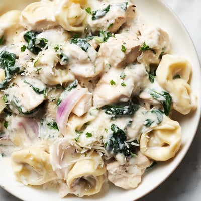 Steaming plate of creamy garlic chicken tortellini topped with wilted spinach