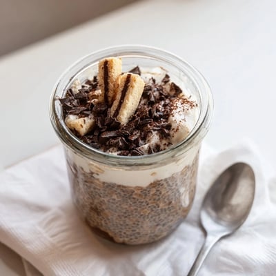 Tiramisu overnight oats topped with mascarpone and dark chocolate shavings