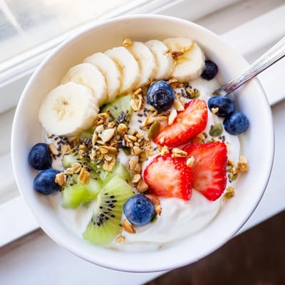 Colorful yogurt fruit bowl arranged with sliced banana, kiwi, and chia seeds