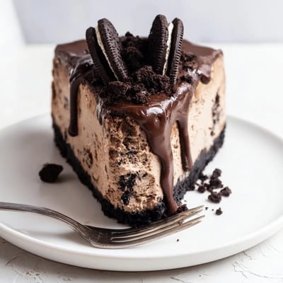 Rich Oreo chocolate cheesecake slice on a plate with chocolate cookie crust